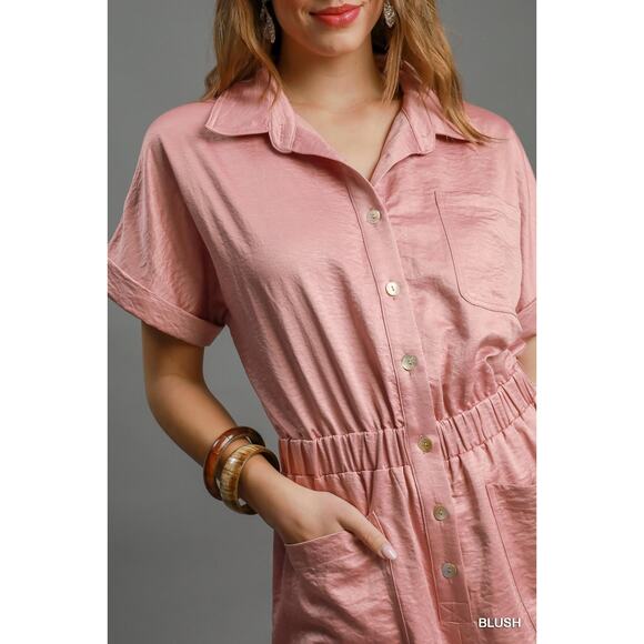 Umgee Button Down Side Pockets Short Sleeves Relaxed Charmeuse Romper | Blush - Picture 6 of 6